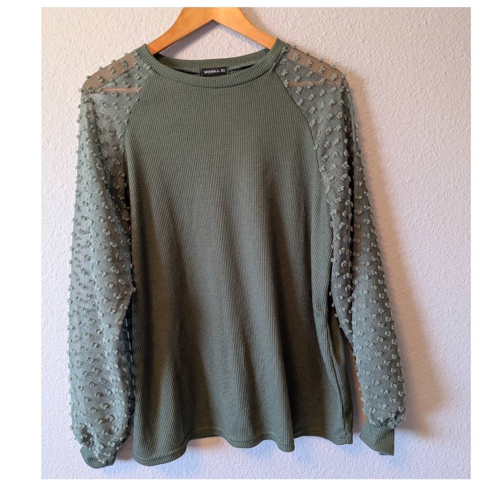 😎SALE😎 NWT Miholl Elegant Sage Green Sheer Sleeve Top Blouse Sz. XL - Picture 8 of 9